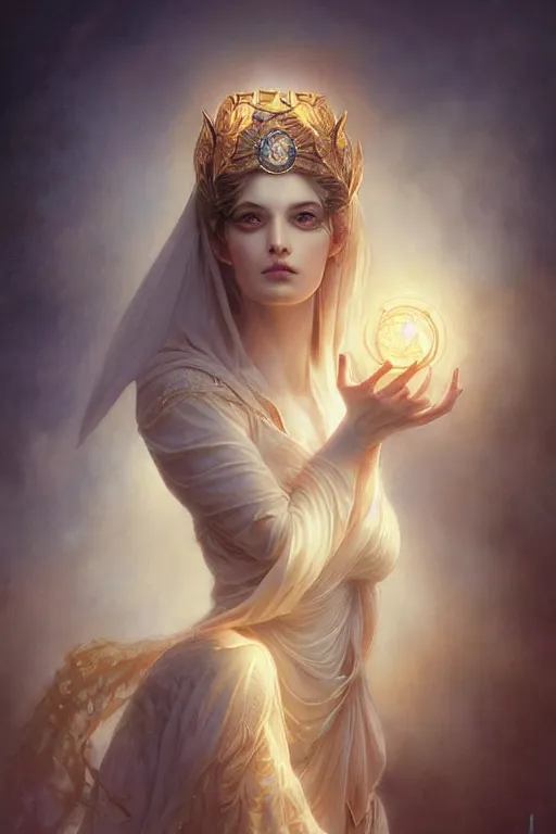 Prompt: a subtle lighting photo of an ancient powerful psychic queen, light colors, bright, sunbeams, eloquent, fancy, lovely, beautiful lighting, golden ratio, artgerm, tom bagshaw, gerald brom, detailed, small details, intricate,