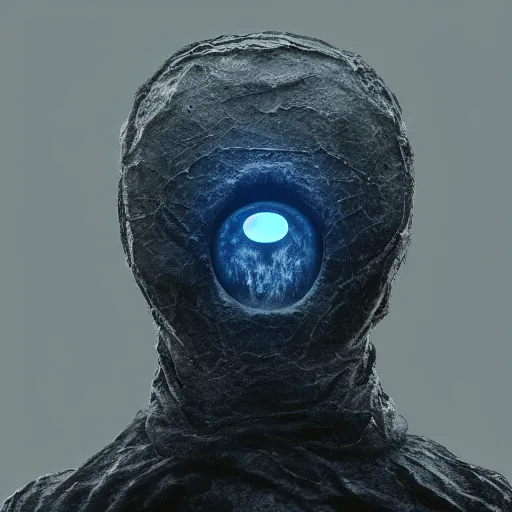 Prompt: award - winning. trending on artstation. 4 k. eerie tone. a faceless stone figure wearing a hooded cape made of the night sky with 1 5 dark blue glowing eyes on its face and rows of teeth on its chest. full - body. portrait.