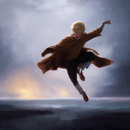 Image similar to blonde boy with golden eyes wearing a brown cape and flying in t pose, energy background, brush strokes, greg rutkowski, oil painting