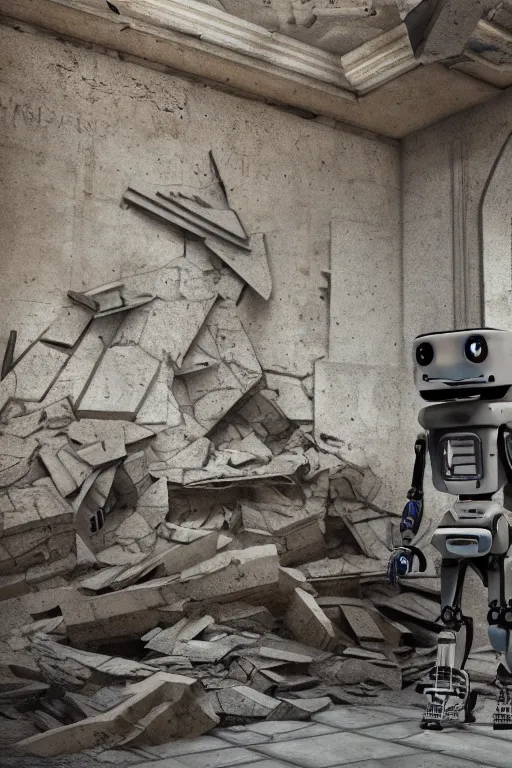 Prompt: A robot designed by DeepThinking is in a destroyed Ukraine museum after the destruction of the USSR, photorealistic render, 4K, Octane render, deep thought, hyperrealistic.