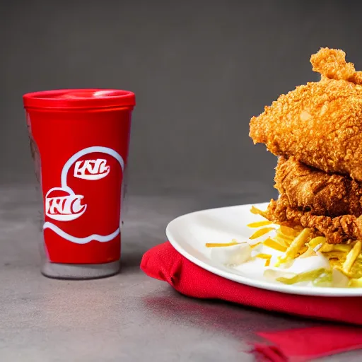 Image similar to a fried chicken milkshake with the kfc logo next to a shrimp wearing a little red dress on a plate, food photography, studio lighting, hyper realistic, sharp focus, hyper - realistic, 8 k resolution