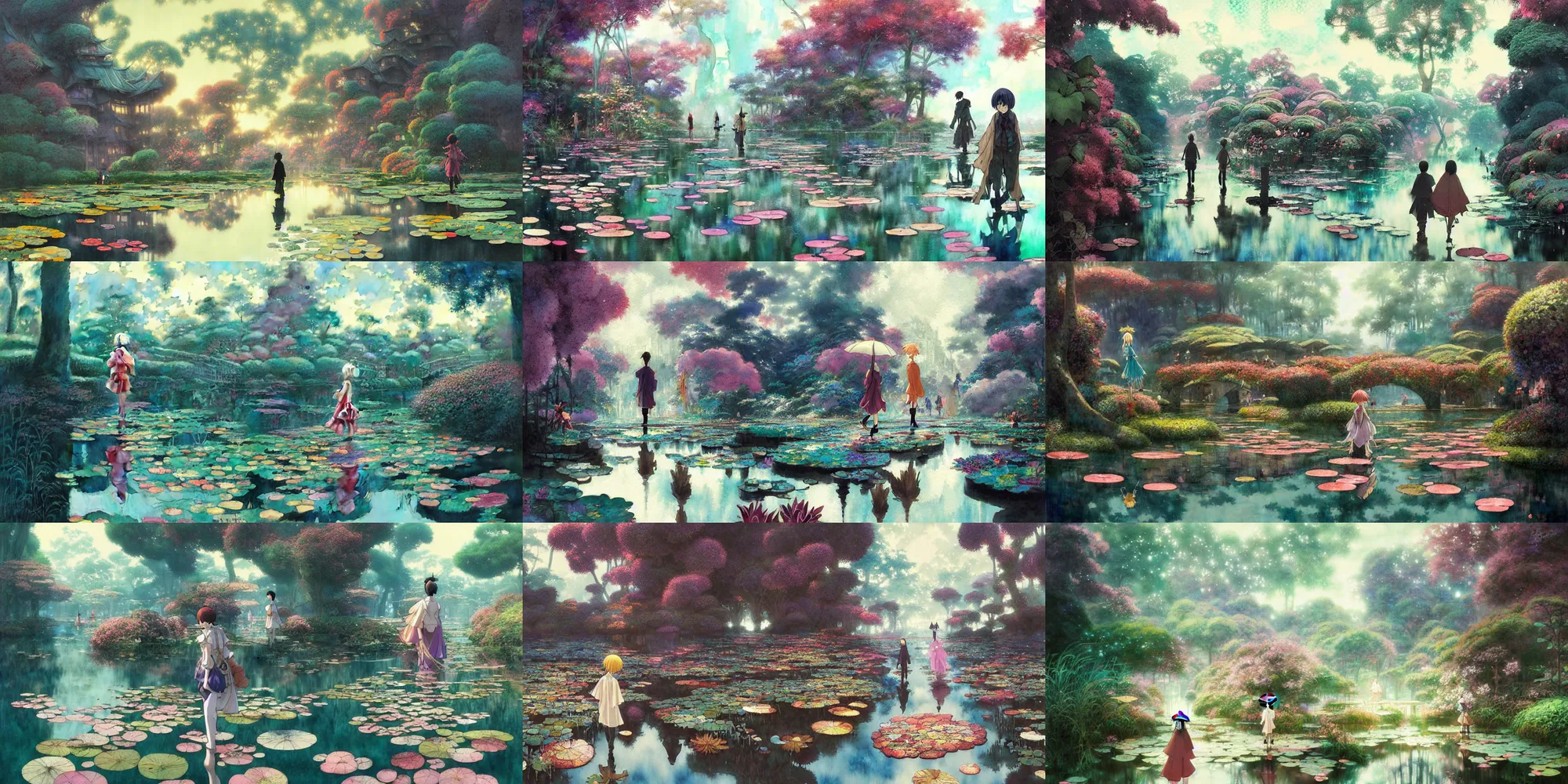 Prompt: anime movie scene, characters walk, waterway, fantasy. intricate, amazing composition, colorful watercolor, lily pads, reflections, by ruan jia, by maxfield parrish, by koji morimoto, by hikari shimoda, by sparth, by zhang kechun, illustration, gloomy