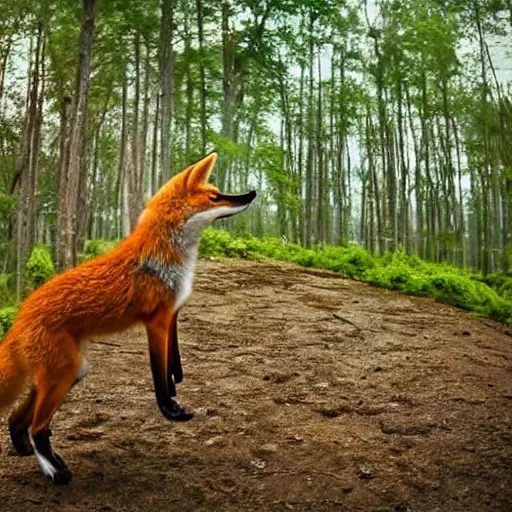 Image similar to an enchanting forest, foxes stand on their hind legs, look at the sky and wave goodbye with their forelegs. there is a purple unidentified flying object in the sky. fantasy. realistic photo. very clear shots.