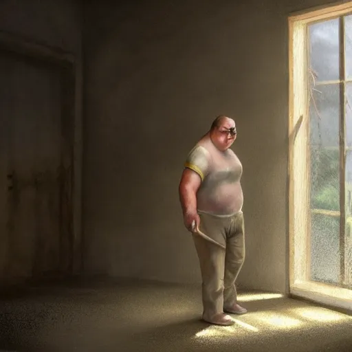 Prompt: high quality high detail painting by john salt, realistic peter griffin from family guy standing in a basement with concrete floor. light ray from a blurry window, floating dust, motion blur, gloomy, stippled walls, cinematic shot, epic, realistic, 4 k, perfectly defined features