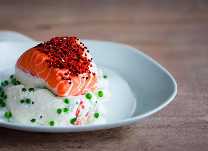 Image similar to dslr food photograph of ice cream sundae topped with salmon roe and wasabi drizzle, 8 5 mm f 1. 8