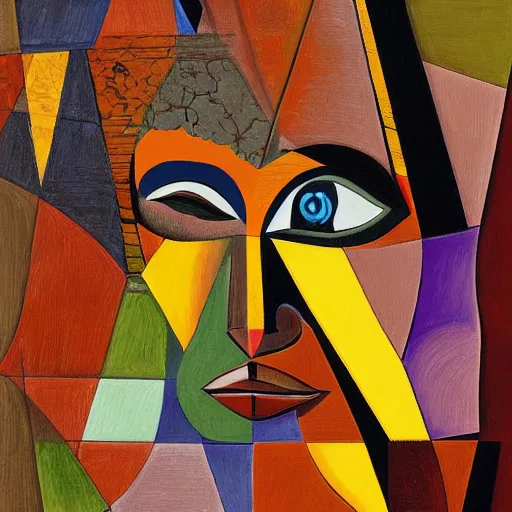 Image similar to A vividly detailed wide angle cubism painting of a illusory women sitting on an almost depthless flat chair with an African mask on her face looking angry, muted browns, yellows and blacks, digital art