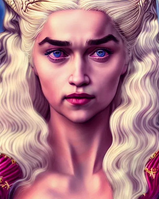 Image similar to closeup portrait beautiful seductive daenerys targaryen with long blonde windblown hair in an ornate royal dress, standing on a street in chinatown, pink lipstick, glamour pose, detailed illustration, digital art, trending on artstation, arney freytag, frank miller, moebius, graffiti, gta v,