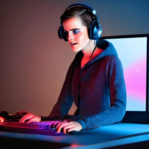 Image similar to model emma watson rgb keyboard wearing a gaming headset wearing hoodie sitting on gaming chair dramatic lighting from monitor light from gaming monitor in gaming room holding gaming controller award winning photo