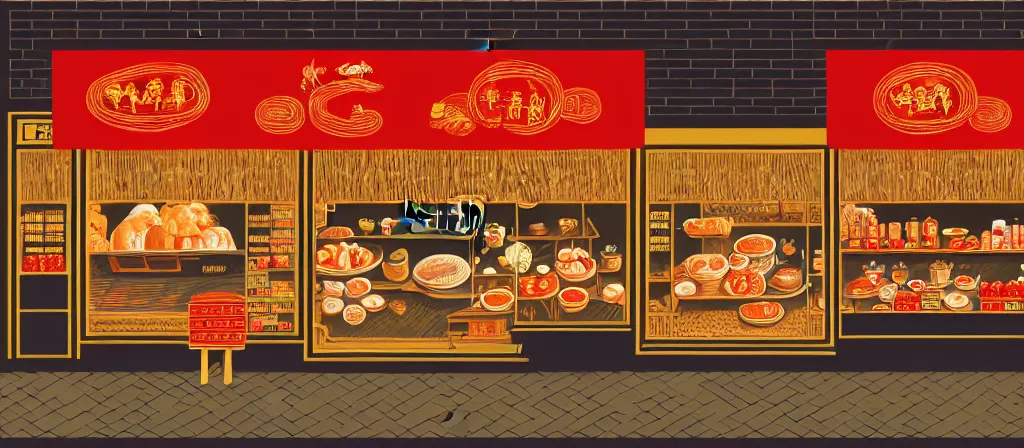 Image similar to a beautiful simple 4 k hd illustration of interior view display of the corner of street side roasted string hotpot small shop, simple style, from china, with merchant logo, simple structure, surrealistic, chinese style, victo ngai, james jean, denoise, deblurring