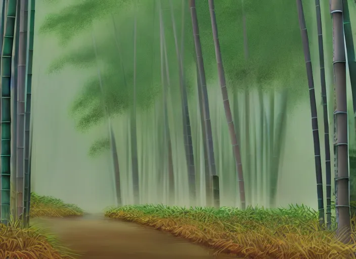 Prompt: deep in a misty japanese bamboo forest, small river, sunny, cartoony, 9 0 s anime style, soft, realistic lighting, by ghibli studio, makoto shinkai, toei animation, trending on artstation, 4 k, hd