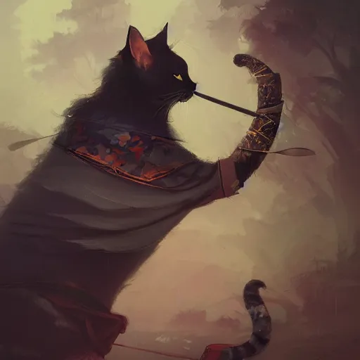 Prompt: cat as a samurai, background dark, highly detailed, digital illustration, trending in artstation, modern painting, smooth, sharp focus, intricate, by peter mohrbacher