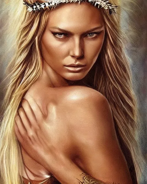 Prompt: tattoo sketch of beautiful jennifer hawkins as aphrodite the greek goddess wearing a laurel wreath and arrowhead earrings, beautiful piercing eyes with small pupils, sexy look, beautiful blonde hair, hyper realistic face, in the style of greg rutkowski, fantasy, amazing detail, epic, elegant, smooth, sharp focus