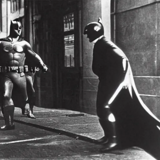 Image similar to old black and white photo, 1 9 2 5, depicting batman fighting a mafia boss in an ally of new york city, rule of thirds, historical record