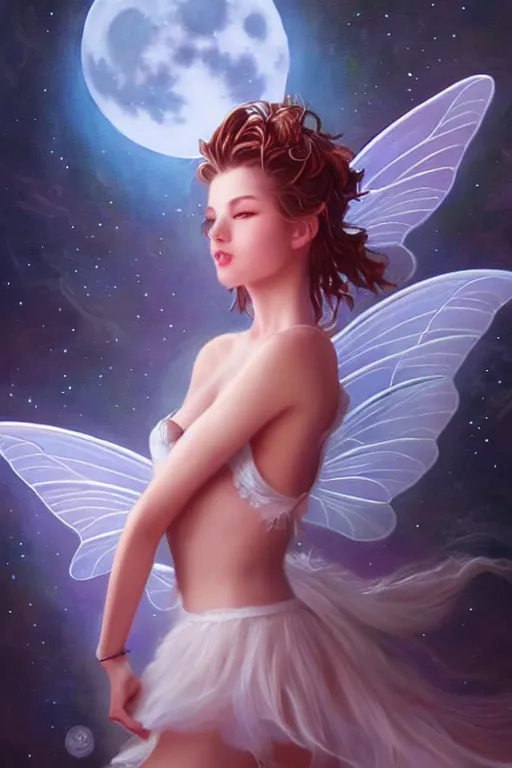 Image similar to attractive fairy magically floating high in the night, fantasy, full moon in background. highly detailed painting by artgerm, mid shot, 8 k