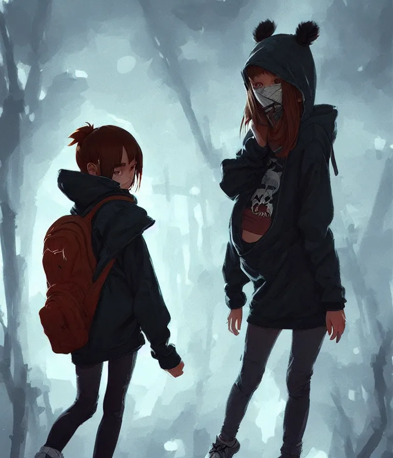 Prompt: brave young girl, wearing an oversized hoodie, backpack, holding hands with a demonic beast, apocalyptic setting, bokeh, sharp focus, character art, illustration, digital painting, trending on artstation, by masamune shirow, by greg rutkowski.