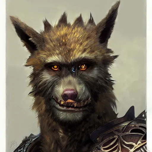 Prompt: portrait of a gnoll with a scarred sad face wearing plate armor, fantasy, highly detailed, digital painting, artstation, concept art, character art, art by greg rutkowski and tyler jacobson and alphonse mucha