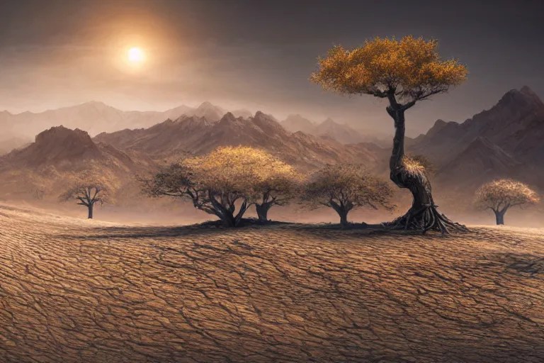 Prompt: cinematic fantasy landscape painting of a desert valley of bones, an eclipse, over an autumn maple bonsai growing alone, on a desolate sand dune in front of a primordial mountainous desert landscape of bones by and jessica rossier