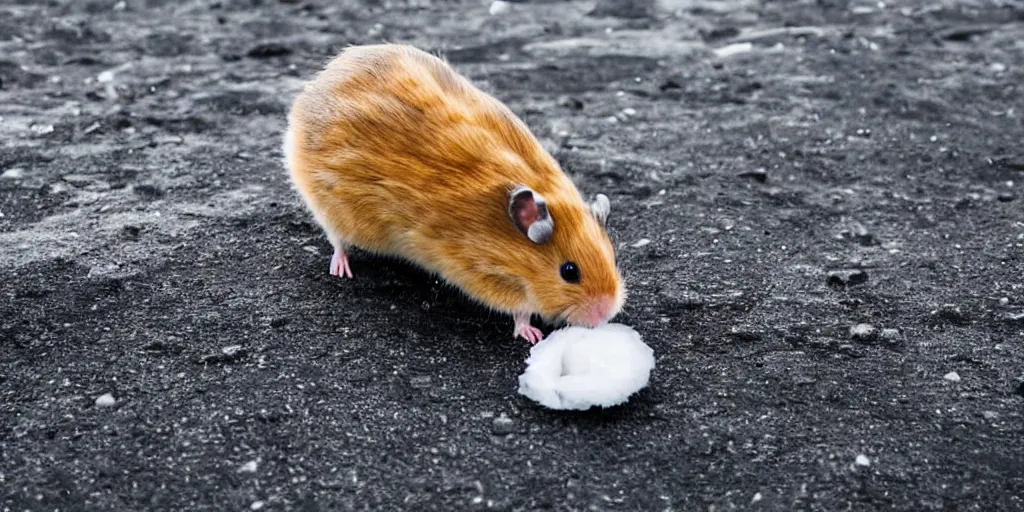 Prompt: a hamster dragging a suitcase around iceland