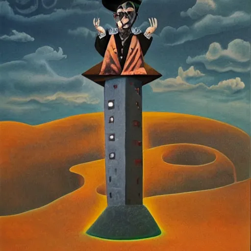 Image similar to the weirdest Wizard and his quest to topple the wicked tower, surrealist landscape painting