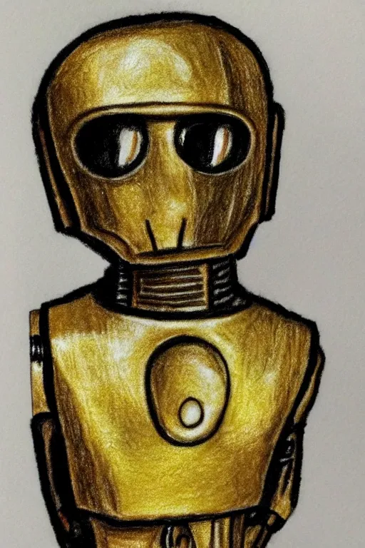 Image similar to c 3 po as drawn by a 5 - year old child, crayon