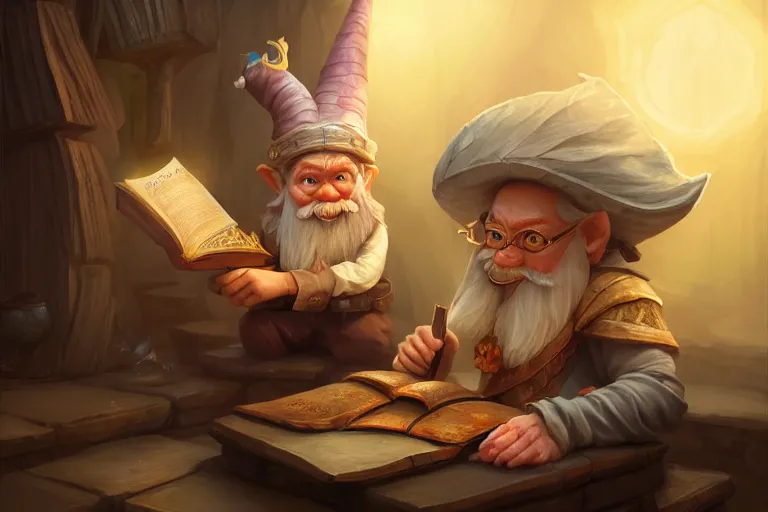 Image similar to legendary elegant gnome merchant reading book,, highly detailed, d & d, fantasy, highly detailed, digital painting, trending on artstation, concept art, sharp focus, illustration, global illumination, ray tracing, realistic shaded, art by artgerm and greg rutkowski and fuji choko and viktoria gavrilenko and hoang lap