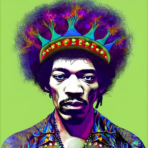 Image similar to An extremely psychedelic portrait of Jimi Hendrix wearing a crown, surreal, LSD, face, detailed, intricate, elegant, lithe, highly detailed, digital painting, artstation, concept art, smooth, sharp focus, illustration