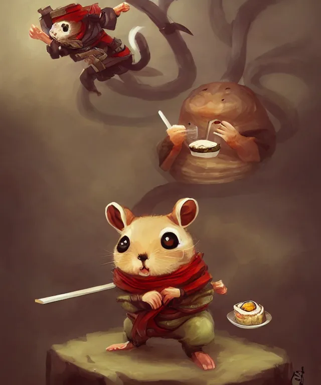 Prompt: anthropomorphic hamster ninja eating sushi, ninja outfit, two arms, standing in a beautiful landscape, cute and adorable, dnd character art portrait, matte fantasy painting, deviantart artstation, by jason felix by steve argyle by tyler jacobson by peter mohrbacher, cinematic lighting