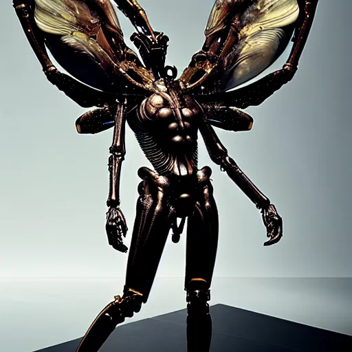 Prompt: still frame from Prometheus movie by Makoto Aida, flying biomechanical angel gynoid by giger, mimicking devil's flower mantis, metal couture by Guo pei, editorial by Malczewski and by Caravaggio