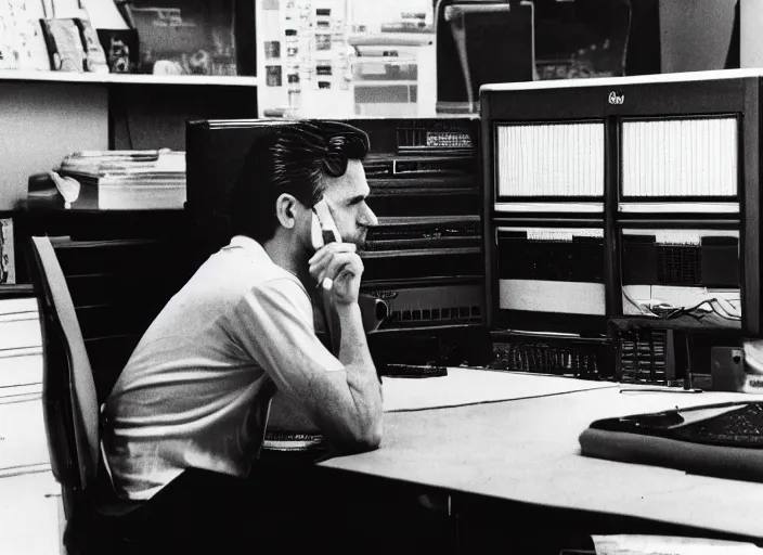 Image similar to color photo. stock market. handsome photomodel sitting by his 8 0's computer in the 8 0's smoking a cigarette