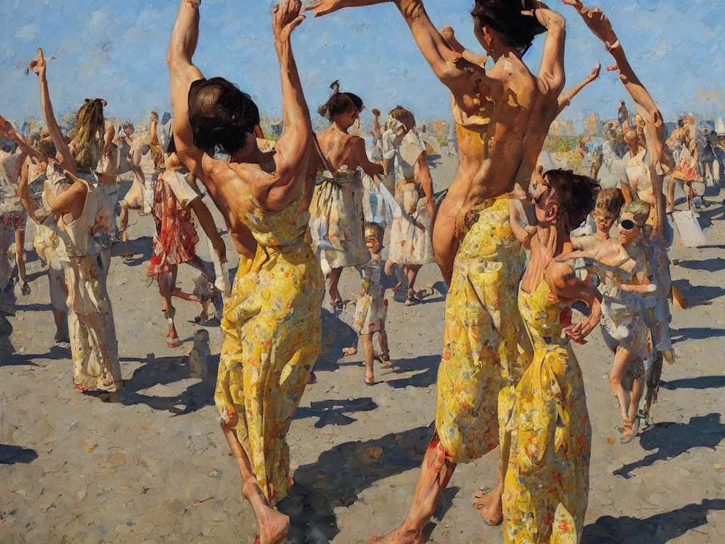 Image similar to tall woman dancing, heatwave, Denis sarazhin, oil on canvas