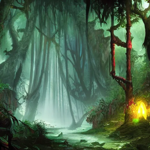 Image similar to 4k dark fantasy artwork , deep jungle , teaming with unseen life
