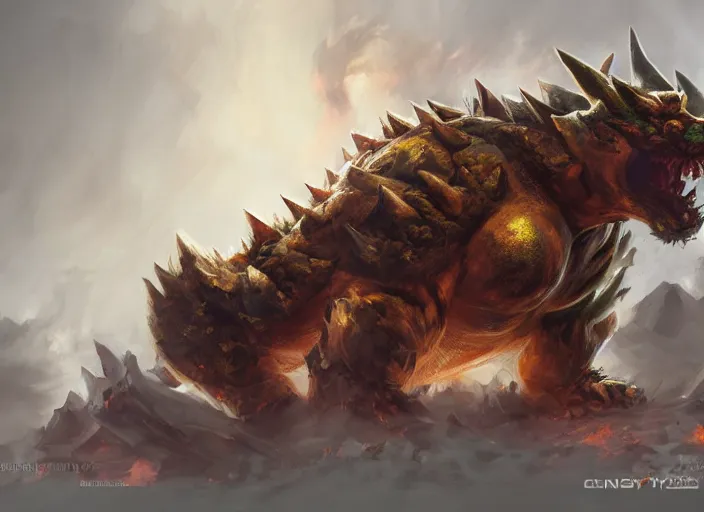 Image similar to detailed concept art of a huge giant bowser by cheng yi and luolin, aartstation, artstationhd, detailed scales, spiky. bowser, bowser nintendo, koopa, ~ bowser # bowser ( ( mario ) ) bcy. net, realistic. cheng yi, fire breathing. bowser