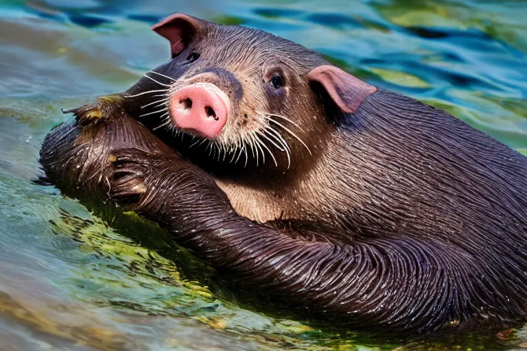 Image similar to a pig sea otter!!! hybrid! hyper realistic!! realistic lighting!! wildlife photographer of the year!!! bold natural colors, national geographic, hd, wide angle, 8 k