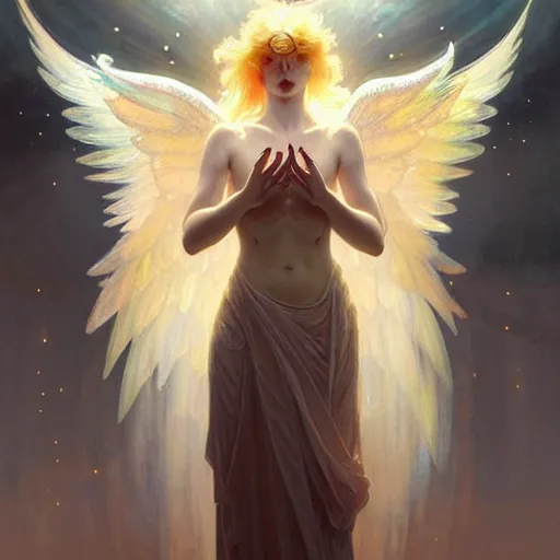 Image similar to Winged girl angel covered in eyes with blonde hair and glowing halo, iridescent, seraphim, fantasy, intricate, elegant, highly detailed, digital painting, artstation, concept art, smooth, sharp focus, illustration, art by Krenz Cushart and Artem Demura and alphonse mucha