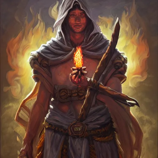 Prompt: portrait of nicholas gonzales as Sexy muscular latino short-haired sun cleric druid shaman with firefox pet, flame conjuring, strong, benevolent, healing, friendly, intelligent, armored, D&D, fantasy, intricate, elegant, highly detailed, digital painting, artstation, concept art, smooth, sharp focus, illustration, art by artgerm and greg rutkowski and alphonse mucha