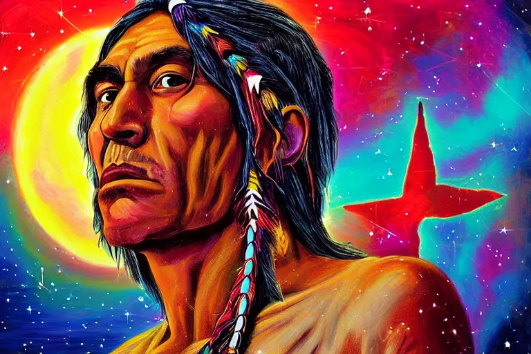 Prompt: digital art of a spiritual native american man looking up at the stars, acrylic art, universe, painting, pastel colors, synthwave, retro, cyberpunk,