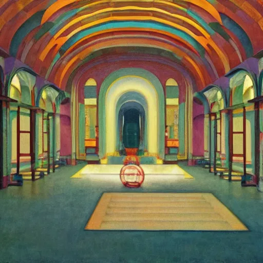 Prompt: a procession of women in a giant metaphysical temple, hyperrealistic film still by edward hopper, by gottfried helnwein, by klimt, by paolo uccello, art nouveau, highly detailed, strong lights, liminal, eerie, metaphysical, bright pastel colors,