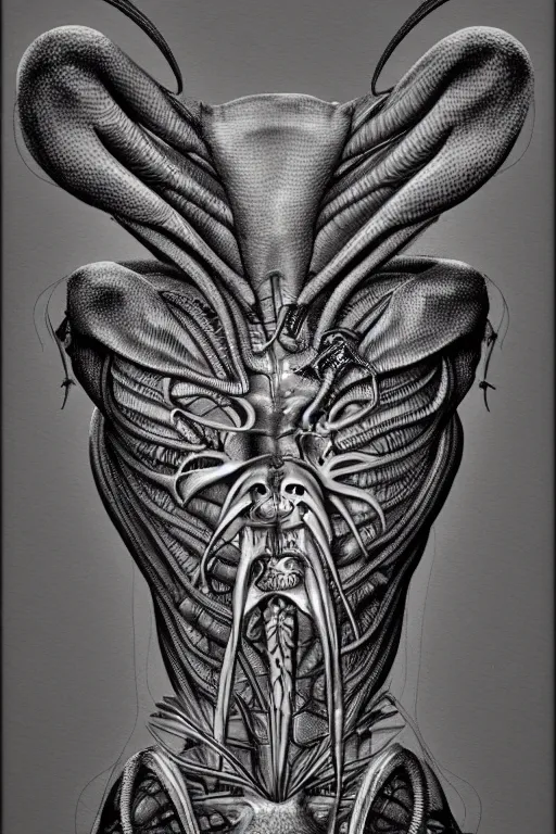 Image similar to anatomically accurate diagram of alien animal, intricate parts, fine details, hyper realistic, by seichen, surreal