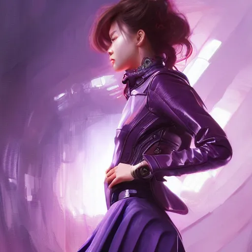 Image similar to portrait of Korean female futuristic short violet leather jacket and skirt expressive pose, intricate, elegant, highly detailed, digital painting, artstation, concept art, smooth, sharp focus, illustration, art by artgerm and greg rutkowski and alphonse mucha