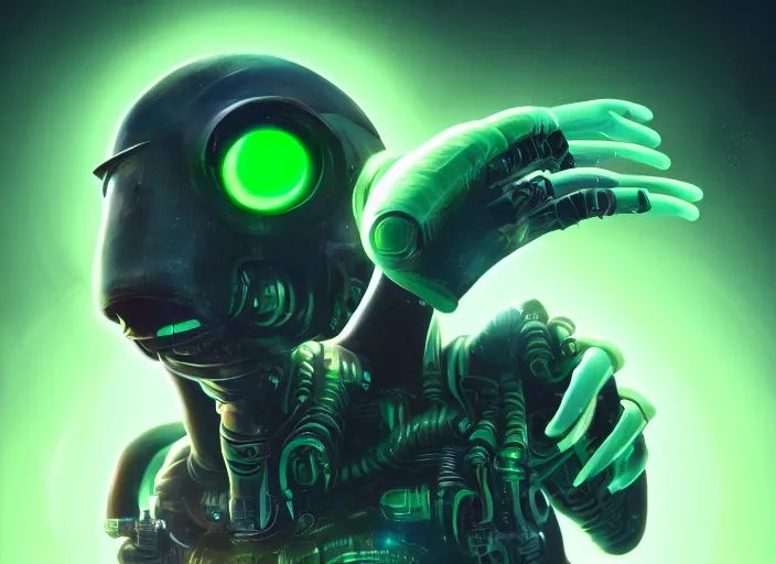 Image similar to cyber penguin fallout 4, glowing green eyes, humanoid body, claws, horror scene, artgerm, rutkowski, tooth wu, beeple, and intricate