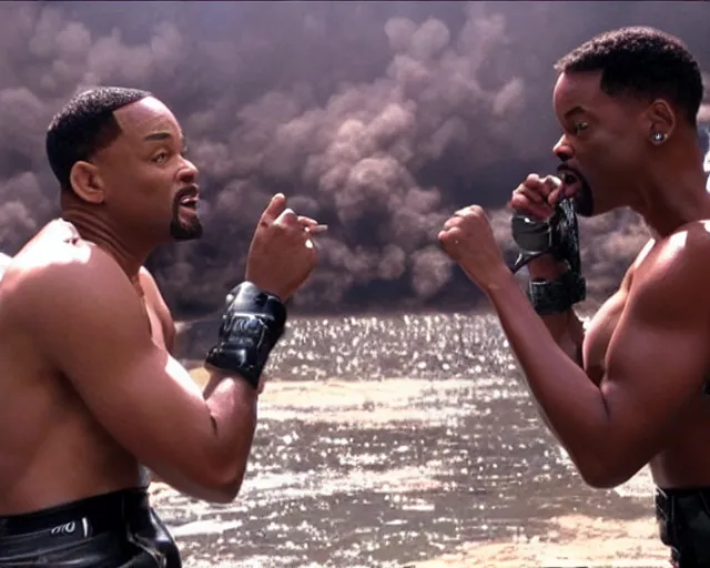 Image similar to will smith fighting with chris rock at toxic waste lake deathbattle 4k