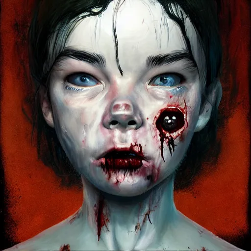 Prompt: head portrait of fresh faced young adult sugarcubes bjork as a zombie, 7 days to die zombie, gritty background, fine art, award winning, intricate, elegant, sharp focus, cinematic lighting, digital painting, 8 k concept art, art by michael hussar, art by brom, art by guweiz and z. w. gu, 8 k