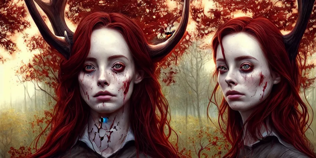 Prompt: surrounded by trees, realistic character concept, gorgeous Kacey Rohl, red hair, small freckles, symmetrical face, symmetrical eyes, full body, covered in blood, dark forest, trees, shorter neck, cinematic lighting, Joshua Middleton and artgerm, Wendigo creature with antlers and a deer skull face lurking in the background, fear anxiety terror