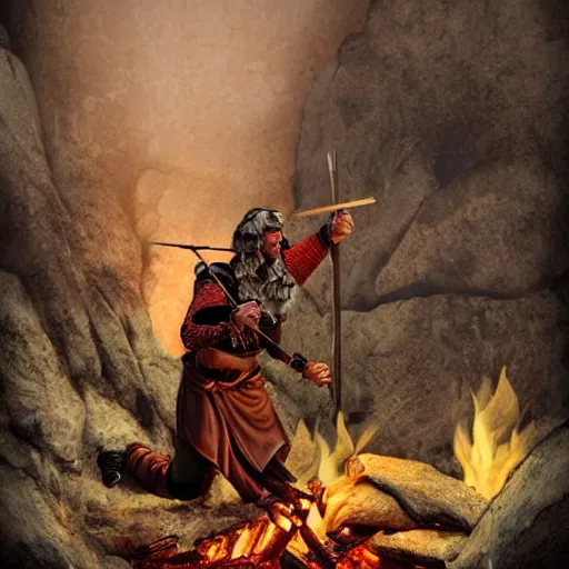 Prompt: tchno - neolithic warrior warlord preaching around the fire to a crowd, cave background, photorealistic hd,