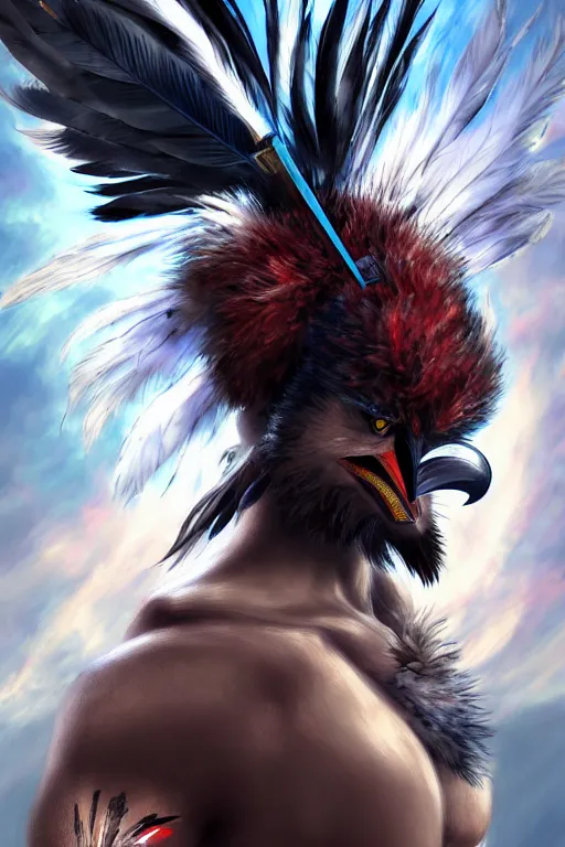 Image similar to Tekken 4 fighter anime Stunning Portrait right side profile giant Robot Owl with feathers all over its body, short black feathers with a samurai sword on its back, in a fighting stance, digital painting, artstation, concept art, soft light, hdri, smooth, sharp focus, illustration, art by tian zi, craig mullins, Mark Arian, WLOP, alphonse mucha