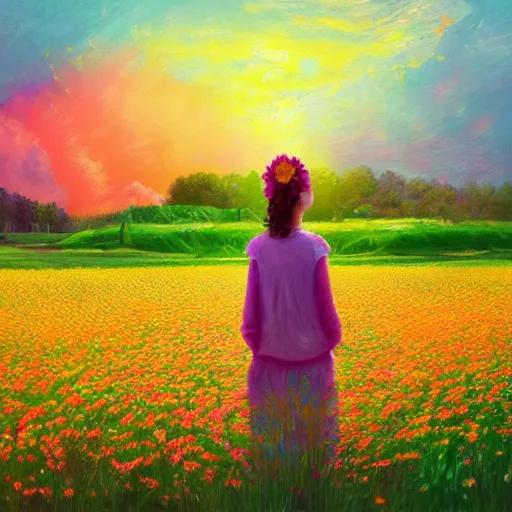 Image similar to large flower head, girl standing in a flower field, surreal photography, sunrise dramatic light, impressionist painting, colorful clouds, digital painting, artstation, simon stalenhag