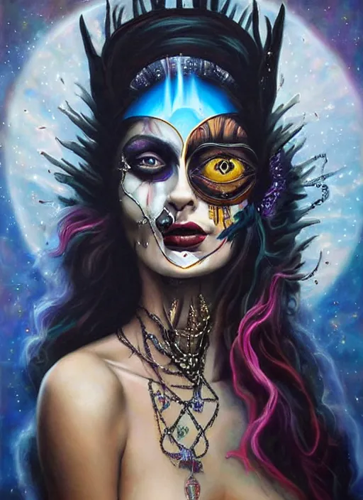 Image similar to gorgeous magic cult psychic woman smiling, third eye, subjective consciousness psychedelic, epic surrealism expressionism symbolism, story telling, iconic, dark robed, oil painting, symmetrical face, dark myth mythos, by Sandra Chevrier, Peter Kemp masterpiece