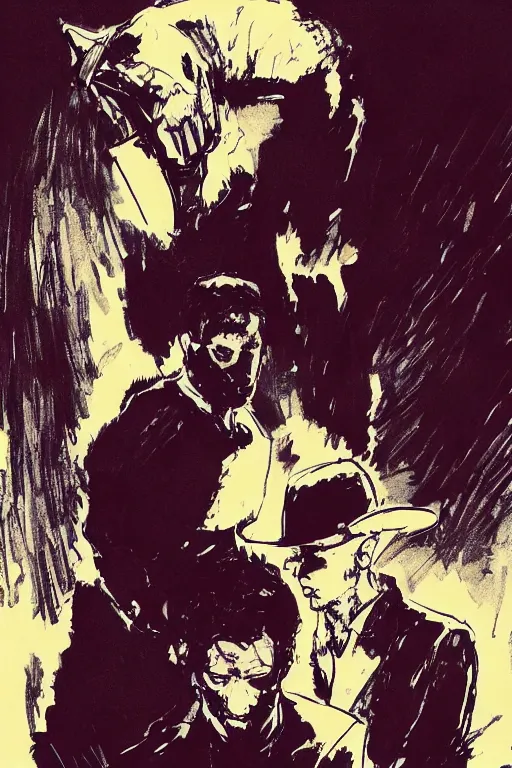 Image similar to Rorschach and The Comedian aka Edward Morgan Blake from the movie Watchmen painted by Dave Gibbons, Greg Rutkowski and Norman Rockwell, Sadamoto Yoshiyuki, Yoki Shinkawa, high detailed perfect faces, trending on Artstation, page scan from book, watchmen comics color scheme, noisy film grain effect, super wide shot, 30mm, intricate, fine details, trending on artstation