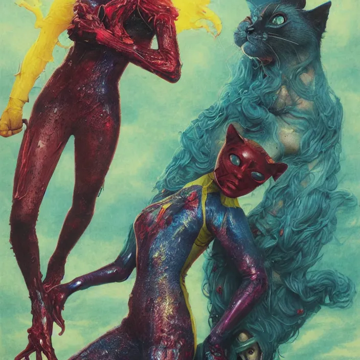 Image similar to a portrait photograph of brie larson as a brightly colored cat hybrid super hero witch with wet mutated scaled skin. wearing a infected transparant organic catsuit. by tom bagshaw, donato giancola, hans holbein, walton ford, gaston bussiere, peter mohrbacher, brian froud and iris van herpen. 8 k, cgsociety