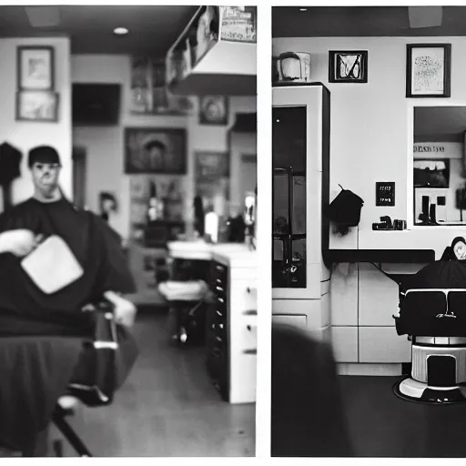 Prompt: portrait of the barber. voigtlander super nokton 2 9 mm f / 0. 8, cinelux asa 1 0 0, medium - format print.